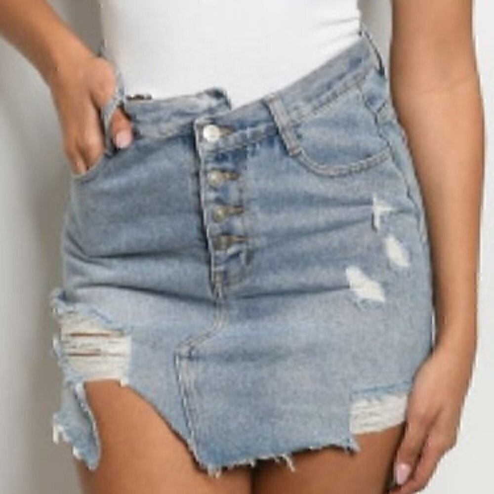 Distressed Denim Button Front Mini Skirt